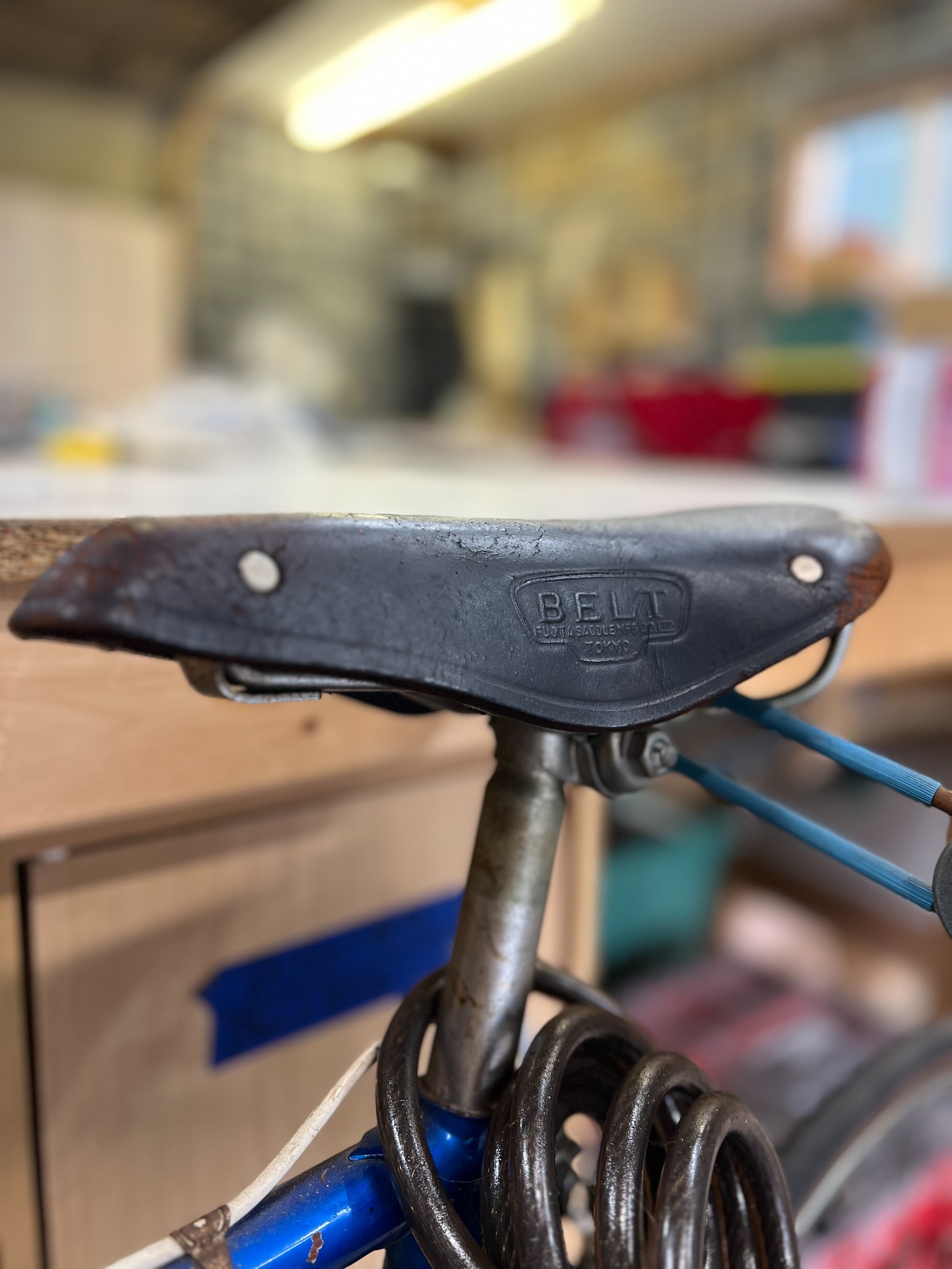 Close detail of a vintage bicycle saddle